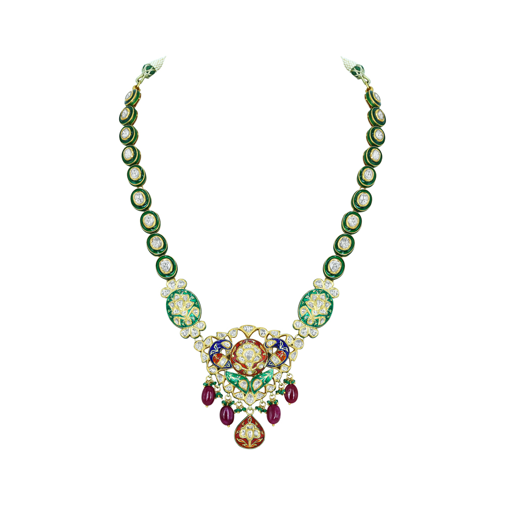 Enamel Necklace with Green-Red Accents, Pearls, and Gemstones